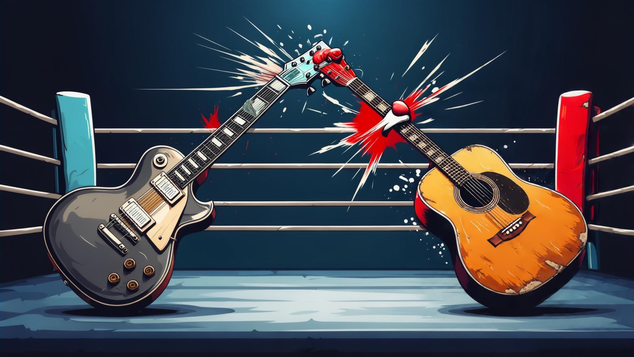 A cartoon electric guitar and acoustic guitar facing off in a boxing ring