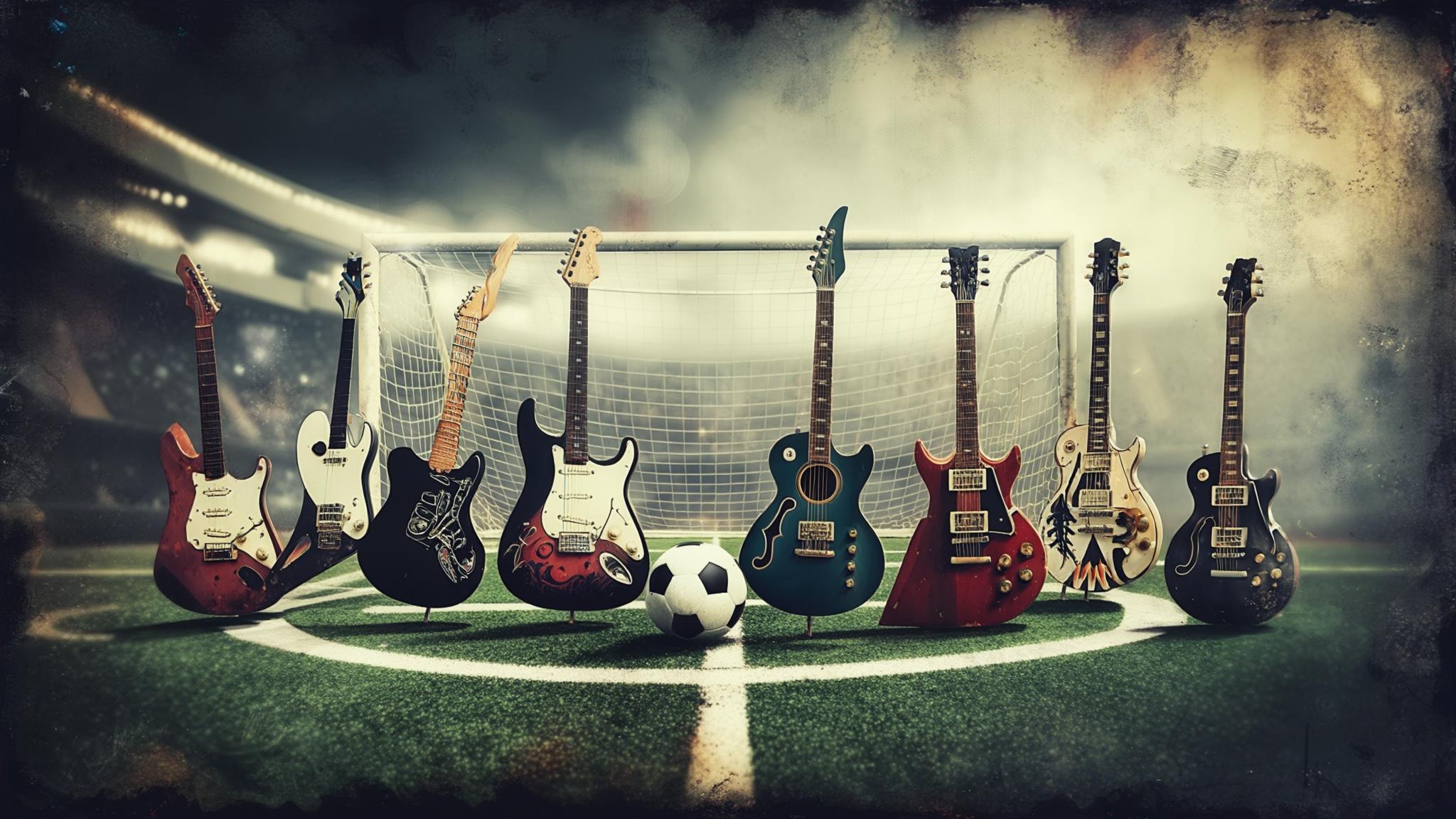 A row of electric and acoustic guitars lined up in a stadium goal, a soccer ball at center
