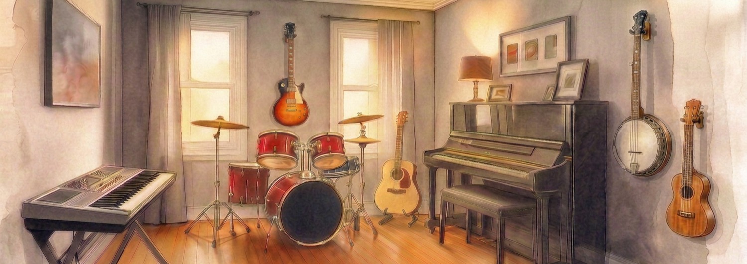 An illustrated view of the Weben studio — piano, drums, guitars, ukulele, banjo, and keyboard in a private music room, warm morning light through the windows